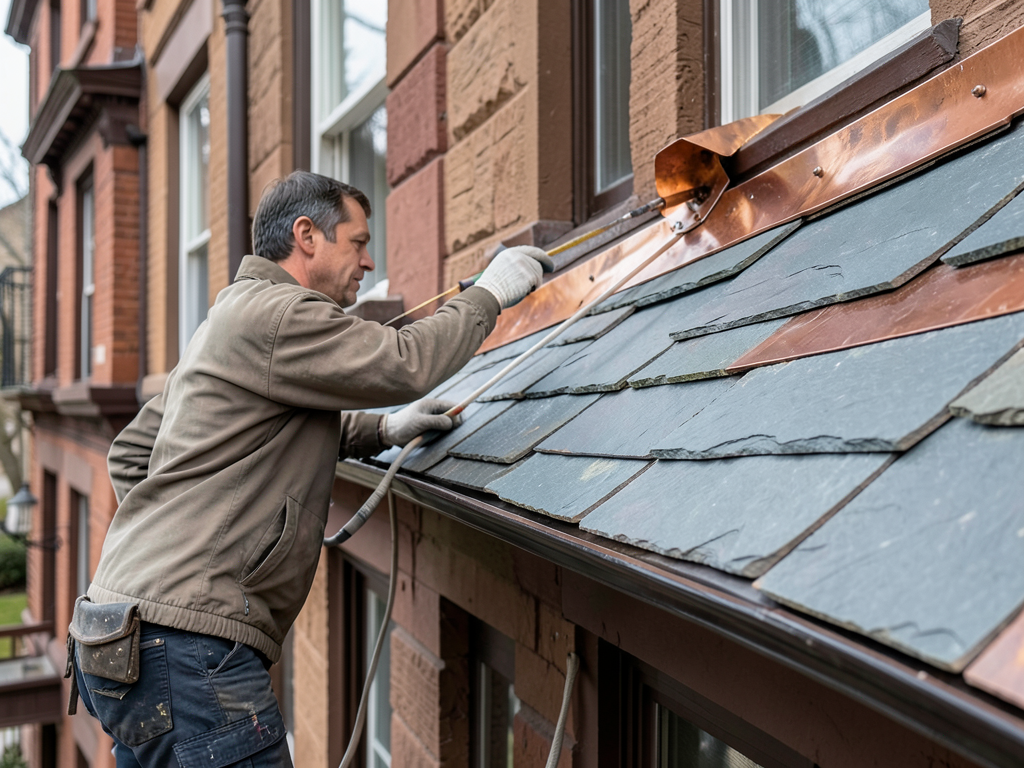 Restoring historical roofing on back bay brownston